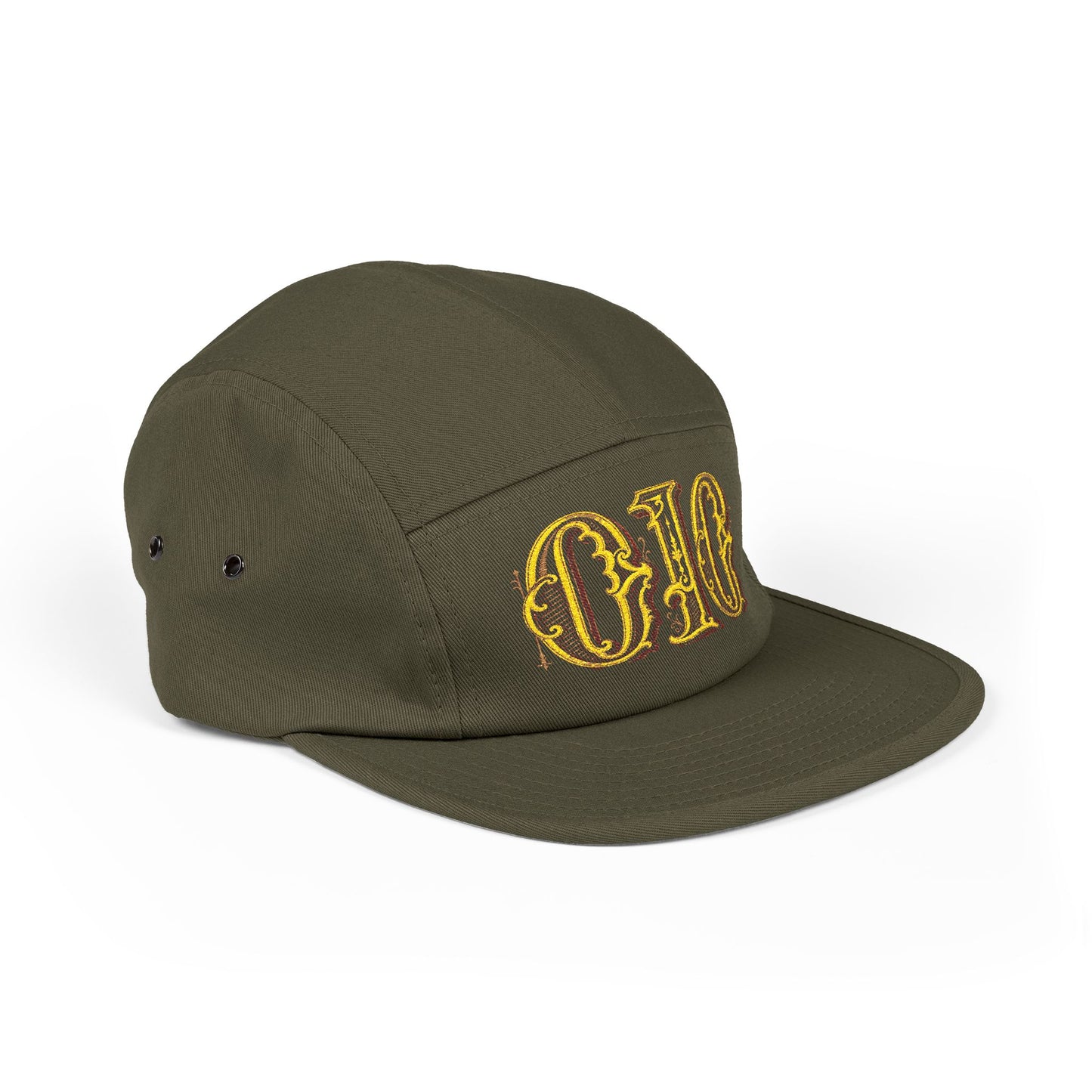Embroidered 5-Panel Cap — Vintage Gold 'deeds' Gothic Logo