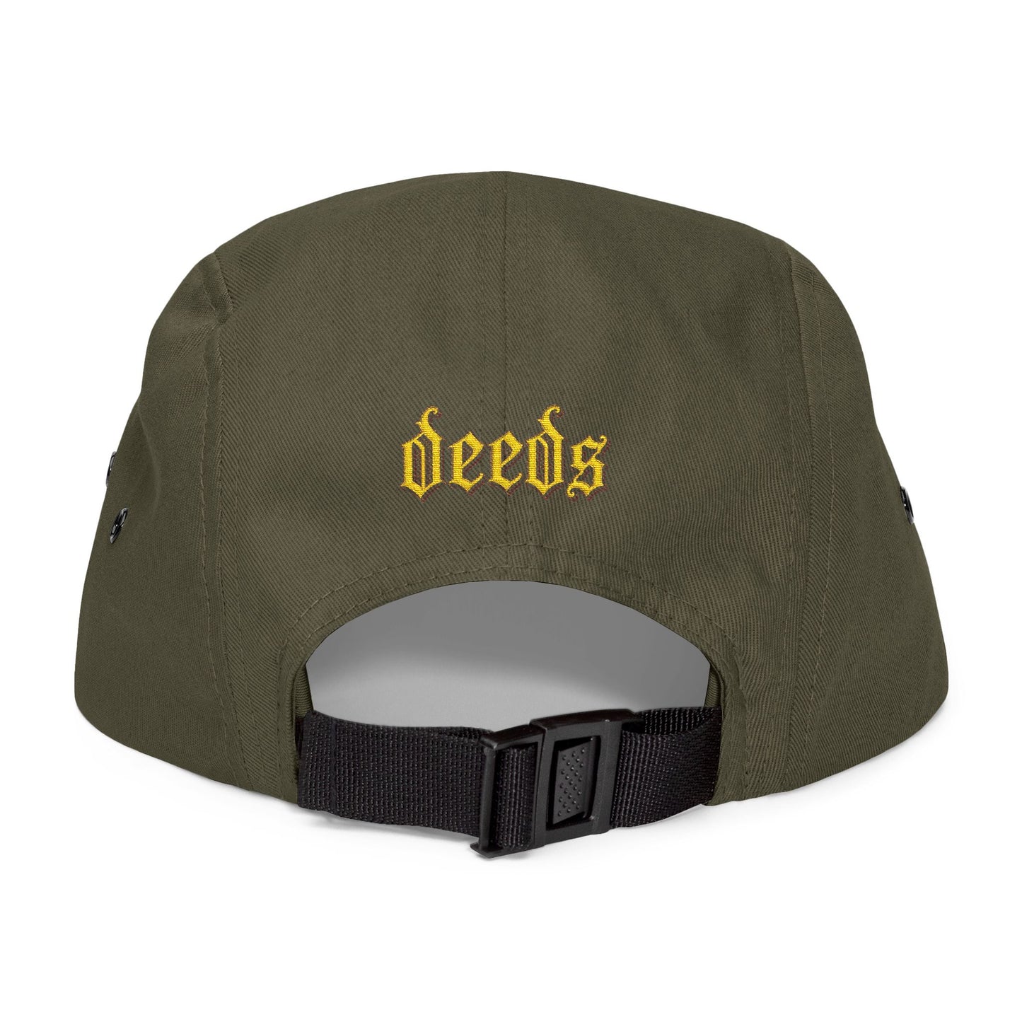 Embroidered 5-Panel Cap — Vintage Gold 'deeds' Gothic Logo