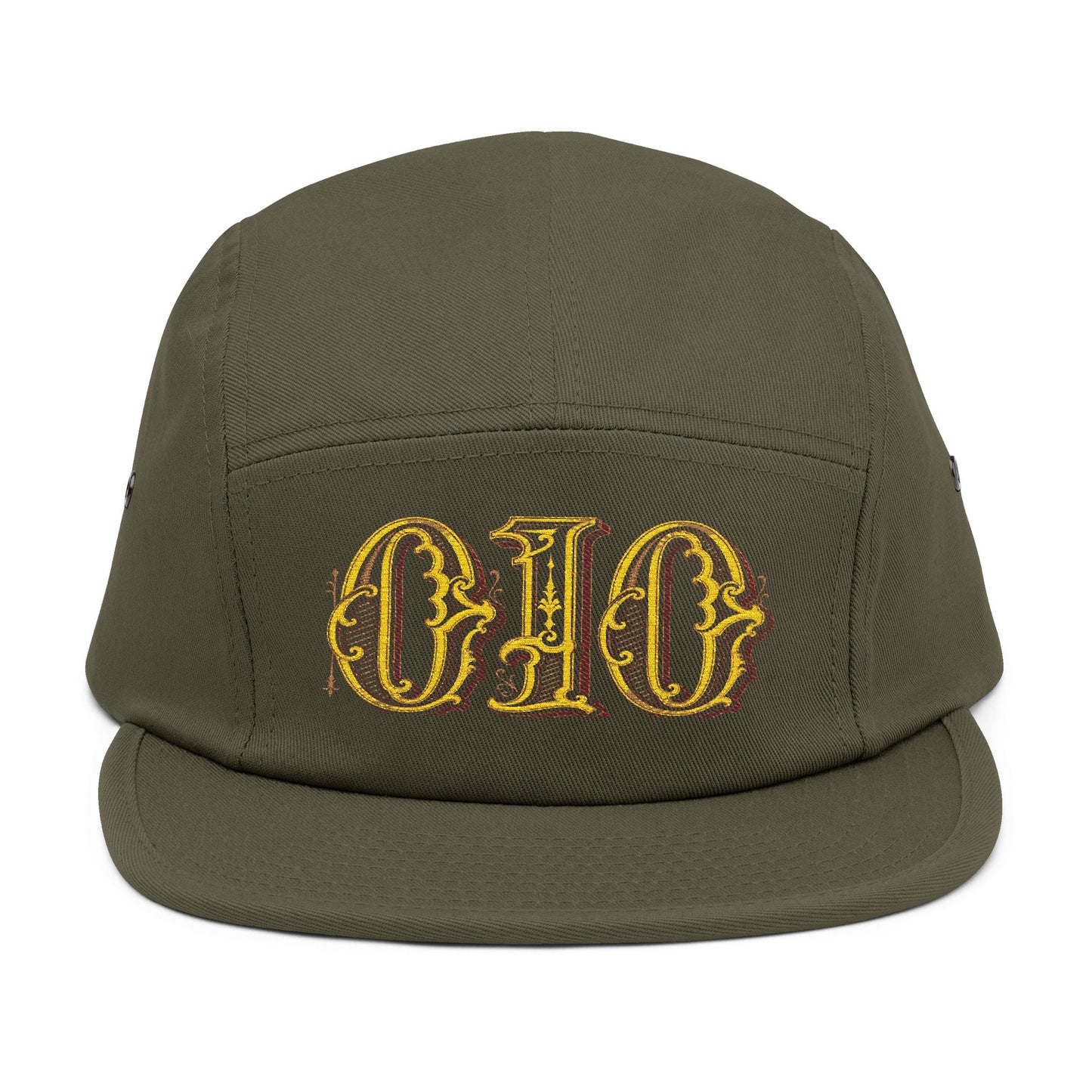 Embroidered 5-Panel Cap — Vintage Gold 'deeds' Gothic Logo