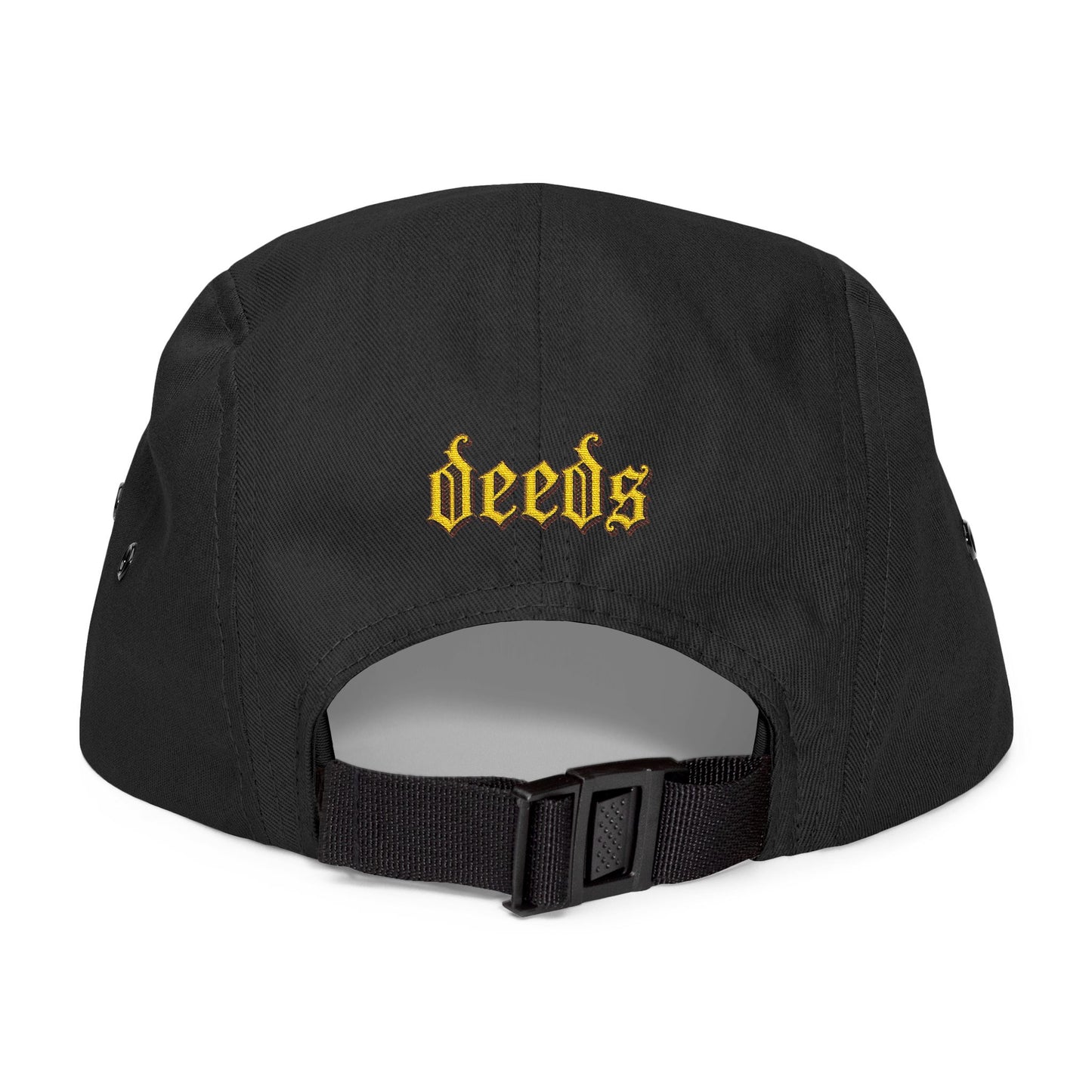 Embroidered 5-Panel Cap — Vintage Gold 'deeds' Gothic Logo
