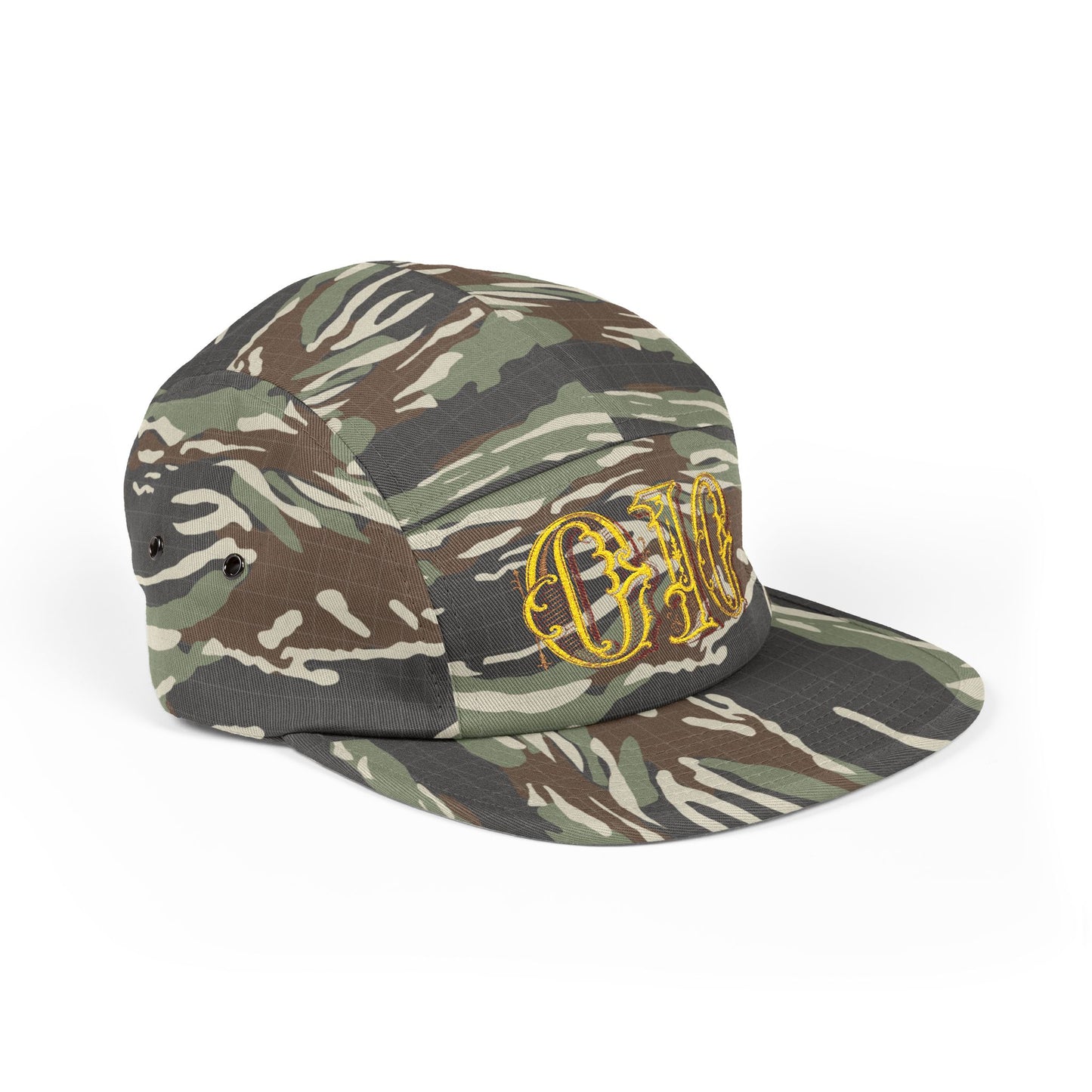 Embroidered 5-Panel Cap — Vintage Gold 'deeds' Gothic Logo