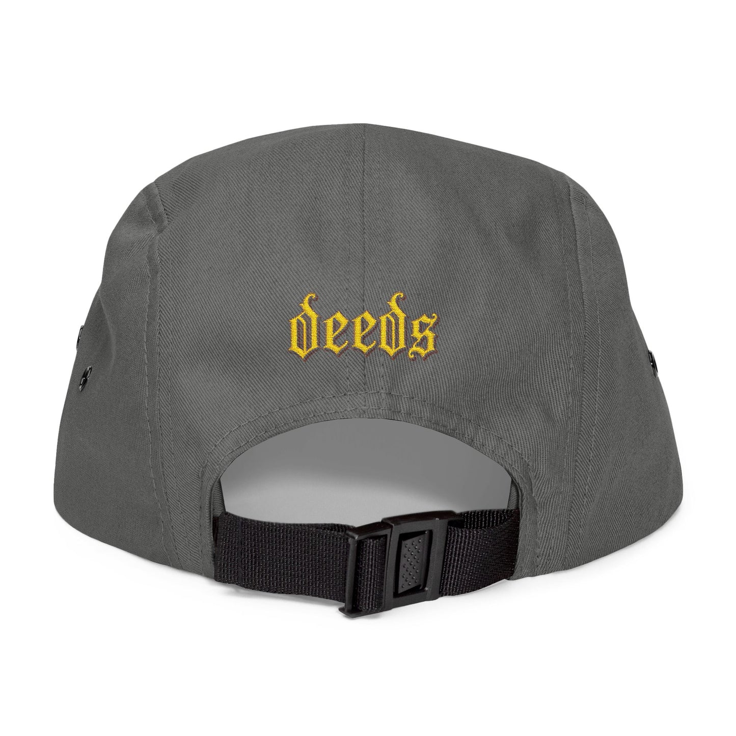Embroidered 5-Panel Cap — Vintage Gold 'deeds' Gothic Logo