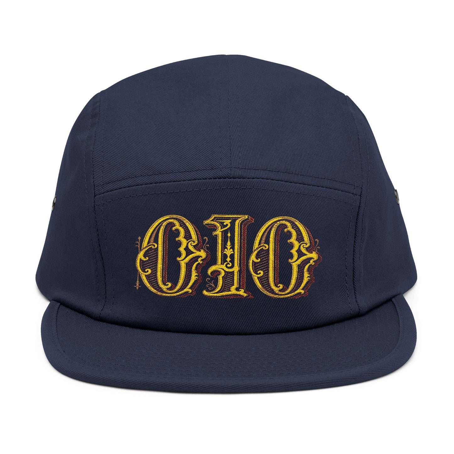 Embroidered 5-Panel Cap — Vintage Gold 'deeds' Gothic Logo