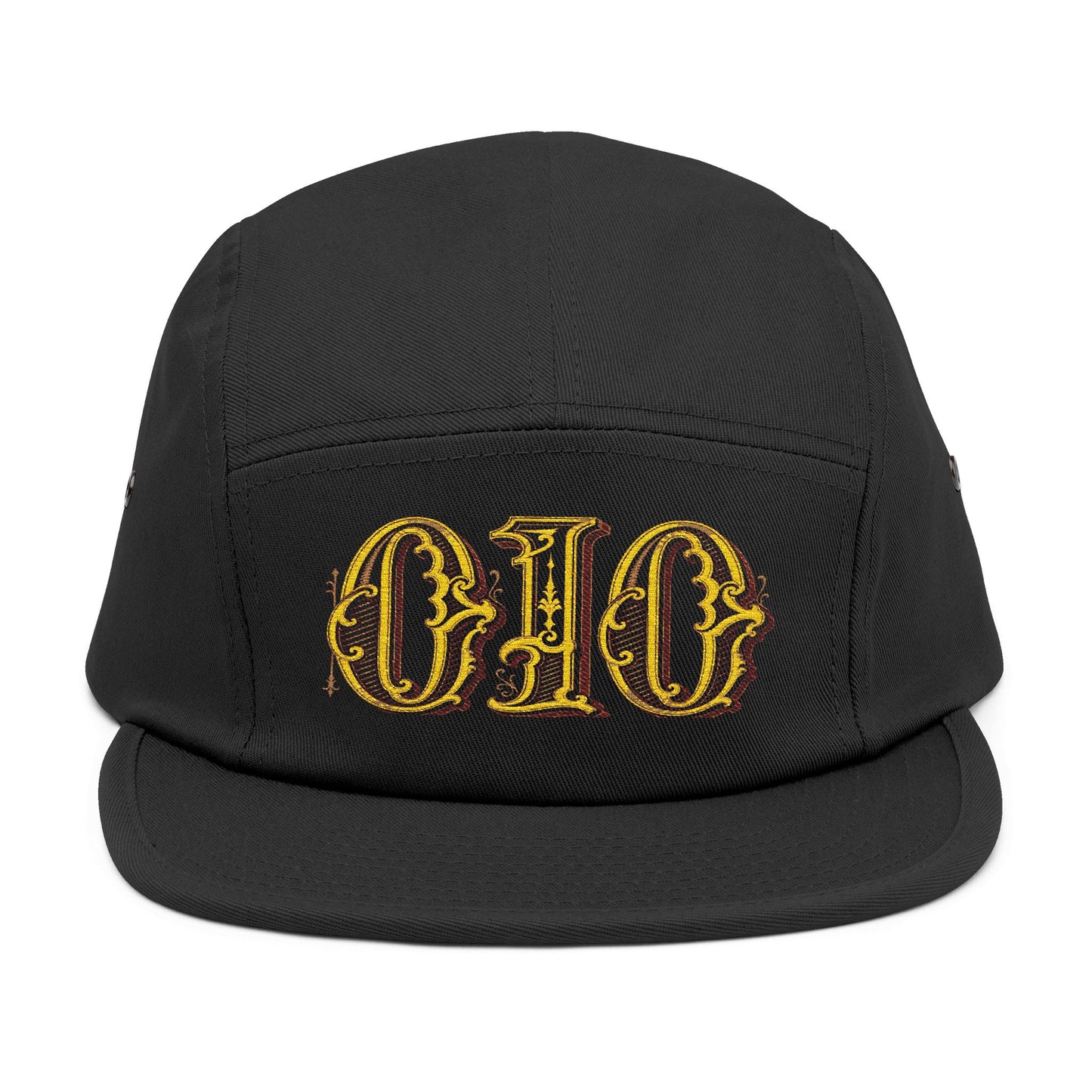 Embroidered 5-Panel Cap — Vintage Gold 'deeds' Gothic Logo