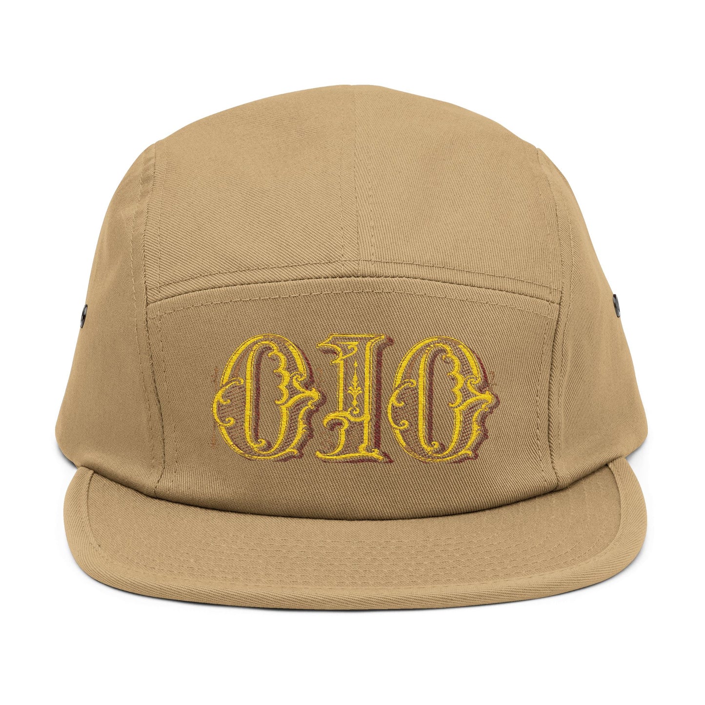 Embroidered 5-Panel Cap — Vintage Gold 'deeds' Gothic Logo