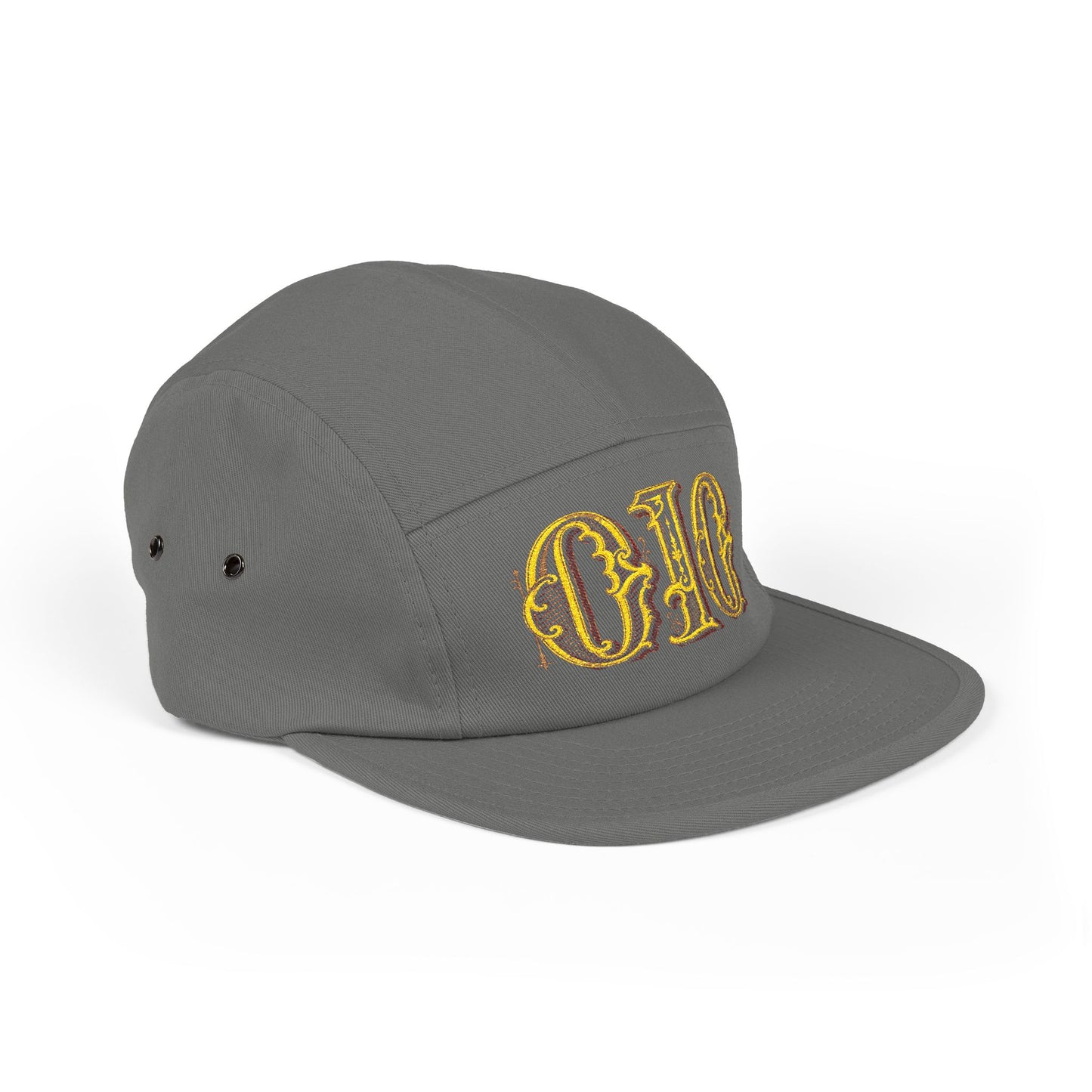 Embroidered 5-Panel Cap — Vintage Gold 'deeds' Gothic Logo