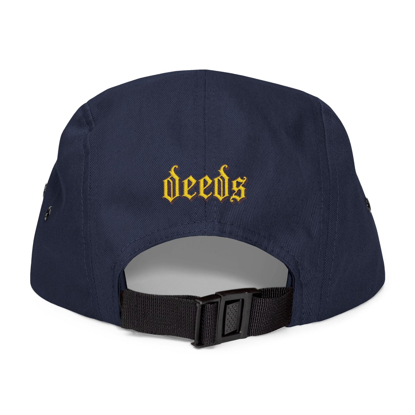 Embroidered 5-Panel Cap — Vintage Gold 'deeds' Gothic Logo